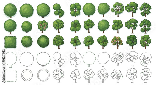 Collection of diverse tree illustrations, showing various shapes, sizes, and stages of detail from simple outlines to fully rendered foliage.