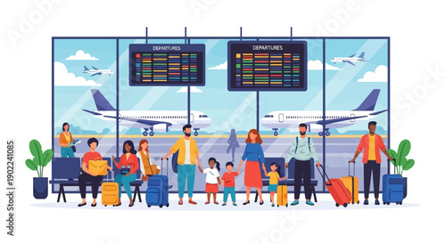 Diverse group of people waiting at an airport with luggage, looking at departure boards, with airplanes visible outside the window.