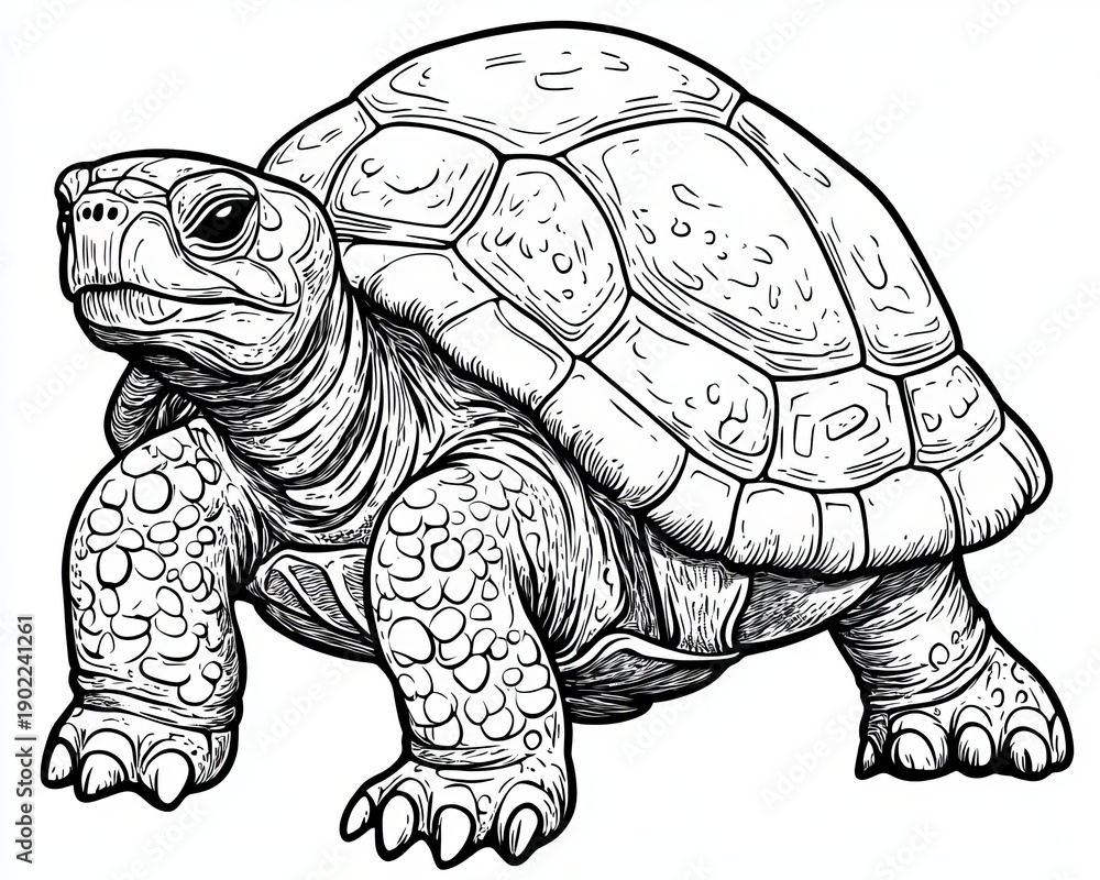 Fototapeta premium Detailed Line Art of a Robust Tortoise, Showcasing Intricate Shell Patterns and Textured Skin