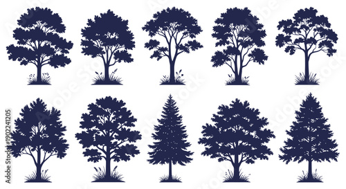 Collection of ten different deciduous and coniferous tree silhouettes with grassy bases, presented in a two-row grid against a white background.