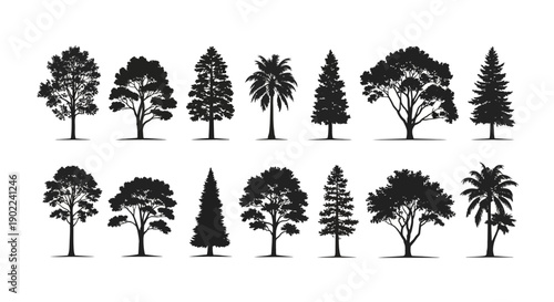 A collection of diverse tree silhouettes, showcasing various species and shapes in a clean, graphic style.