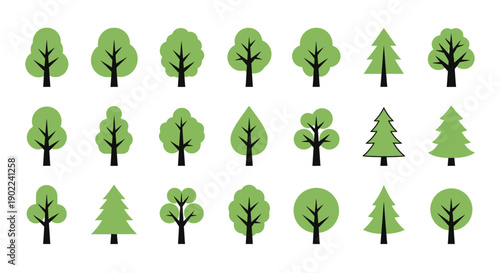 A collection of various stylized green trees and pine trees, presented in a grid format against a white background.