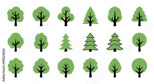 A collection of stylized green trees, including deciduous and coniferous varieties, presented in a grid format.