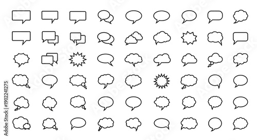 A comprehensive collection of diverse outline speech bubble icons for graphic design and communication.