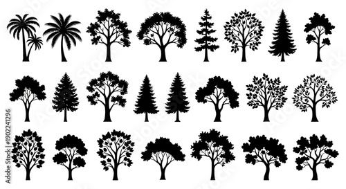 A collection of diverse tree silhouettes, showcasing various species and shapes, presented in a clean, graphic style.
