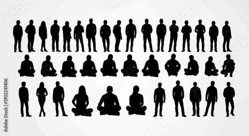 A collection of diverse human silhouette figures in various poses, including standing, sitting, and meditating, against a plain background.