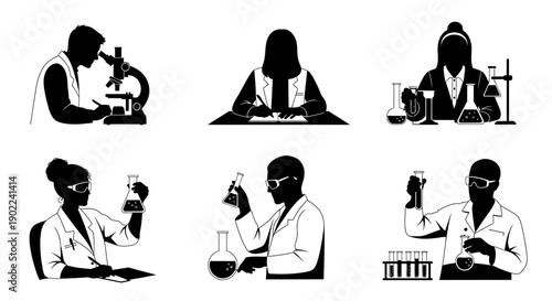 Silhouettes of scientists in a laboratory setting, engaged in various research activities with scientific equipment.