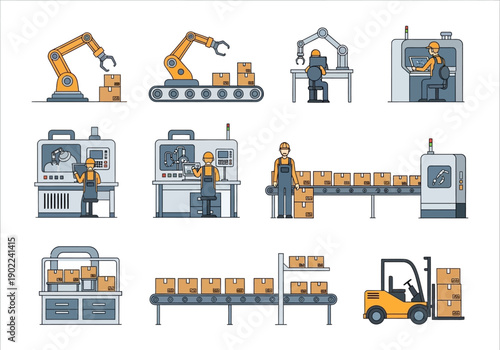 Industrial Manufacturing Process Illustration – Factory Automation Vector Set