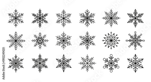 A collection of 15 unique snowflake illustrations, each with intricate and delicate crystalline patterns, presented in black and white against a plain background.