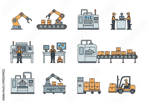 Industrial Manufacturing Process Illustration – Factory Automation Vector Set