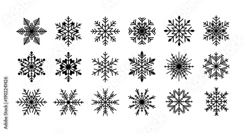 A collection of 18 unique black and white snowflake illustrations, arranged in three rows of six.