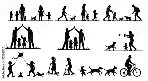 Silhouettes of families and children enjoying outdoor activities with pets and toys, depicting happy lifestyle moments.