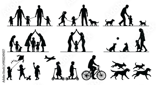 Collection of Silhouettes Depicting Diverse Family Activities and Lifestyles, Including People with Pets, Children Playing, and Outdoor Recreation.