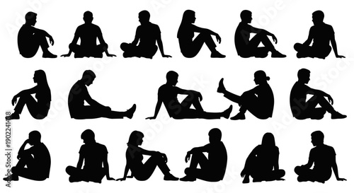 Collection of diverse silhouette poses of people sitting down, showcasing various postures and styles.