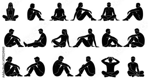 Collection of diverse silhouette illustrations of people sitting in various relaxed poses against a white background.