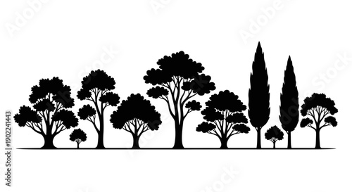 A diverse collection of silhouetted trees of various shapes and sizes, creating a natural landscape against a white background.