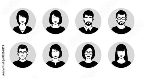 A collection of eight black and white circular profile icons representing diverse individuals with varying hairstyles and facial features.