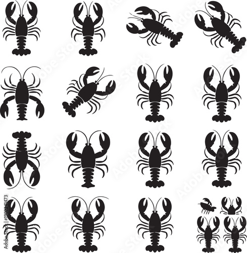 black silhouette illustrations of lobsters and crayfish on white background