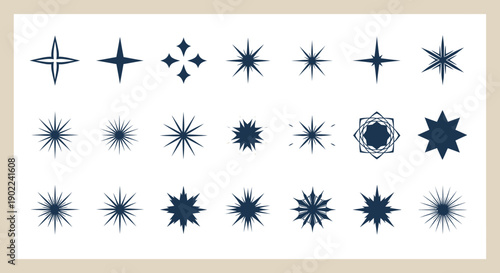 A collection of diverse starburst and sparkle graphic elements in varying sizes and styles.
