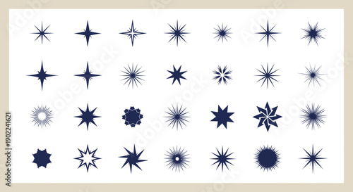 A collection of diverse starburst and sparkle graphic elements in various shapes and sizes, rendered in a deep blue hue.