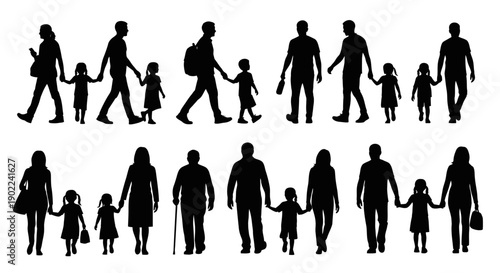 Silhouettes of diverse families and individuals walking together, representing community and connection.