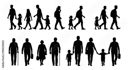 Silhouettes of diverse families and individuals walking together, representing community and togetherness.
