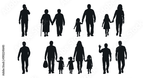 Collection of Silhouetted Figures Representing Diverse Family Units and Individuals in Various Poses.