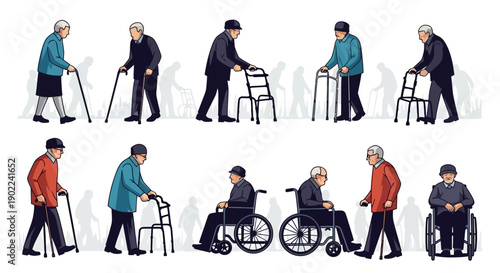 Collection of elderly people using walking aids like canes and walkers, and also in wheelchairs.
