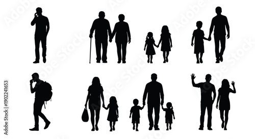 Collection of diverse silhouettes representing various family units and individuals in different poses and activities.