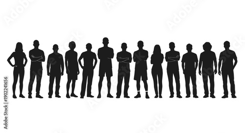 A diverse group of silhouetted individuals standing in a line against a white background.