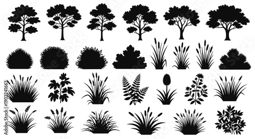 Collection of various black silhouettes of trees, bushes, and plants on a white background.