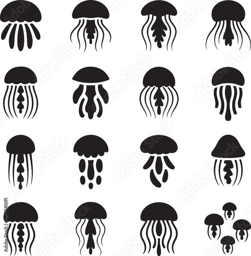 black silhouette jellyfish icons on white background