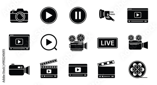 Collection of black silhouette icons representing video and film equipment