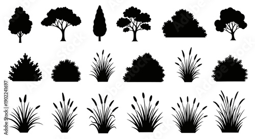 A collection of black silhouettes of various trees, bushes, and tall grasses, presented in three rows against a white background.