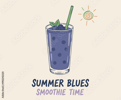 Blueberry Smoothie Design. Summer Blueberry Juice Retro Artwork. Organic food artwork for for t-shirt. Fruit vintage t-shirt design.