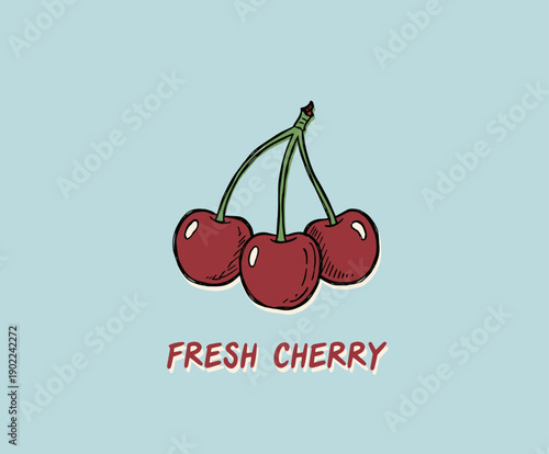 Cherry fruit print. Sweet cherry painting. Cherry love. Organic food artwork for for t-shirt. Sweet cherry artwork. Fruit vintage t-shirt design.