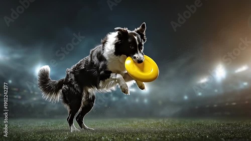 Canine Agility: A dynamic dog, poised mid-air, masterfully catches a flying disc during a thrilling display of agility and athleticism under the stadium lights.