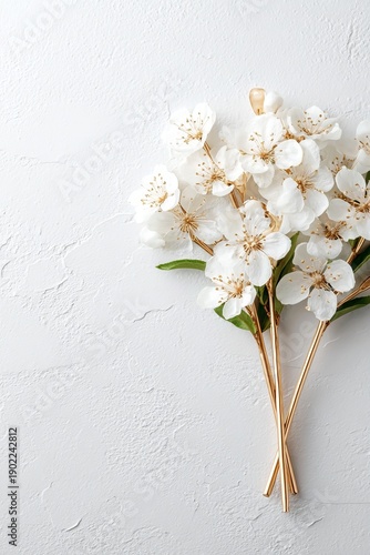 Elegant Still Life of White Blooms with Golden Accents on Textured Surface, Artful Floral Design