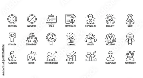 Line art icons representing business values and workplace ethics concepts