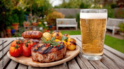 Wallpaper Mural Grilled Steak and Sausages with Beer on Garden Table Torontodigital.ca