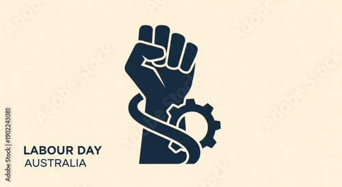 Labour day australia celebration with raised fist and gear symbol on beige background