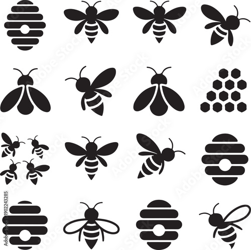 Black silhouettes of bees and beehives on white background