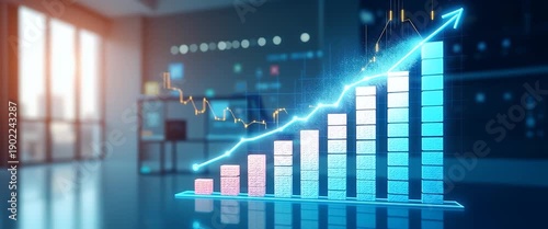 Dynamic bar graph rises with glowing blue arrow, symbolizing growth and success; steady camera pan captures modern office ambiance, creating a sleek, futuristic business visualization.