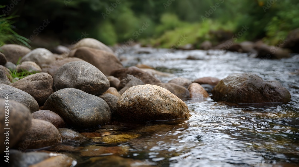 Obraz premium Close up of smooth wet river stones partially submerged in clear flowing water