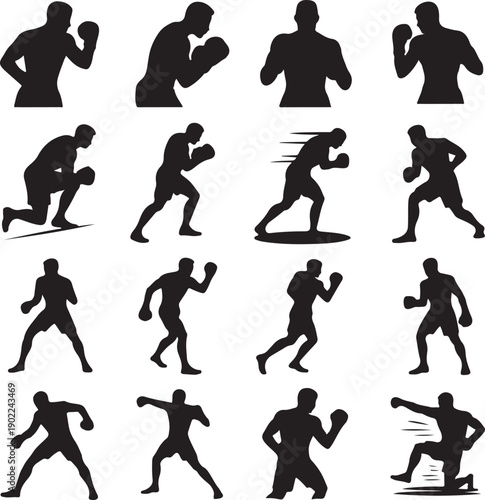 black silhouettes of boxers in various fighting poses on white background
