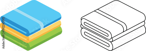 Colored and outline icons of folded towels stacked in layers, representing cleanliness, home essentials, and laundry organization