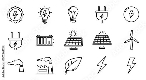 Collection of energy source icons including lights solar panels and wind turbines