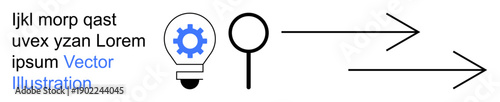 Innovation, problem solving, research, technology, process automation, workflow efficiency. Lightbulb with gear, magnifying glass and arrows. Innovation and problem solving concept
