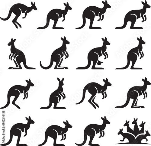 black silhouettes of kangaroos in various poses on white background