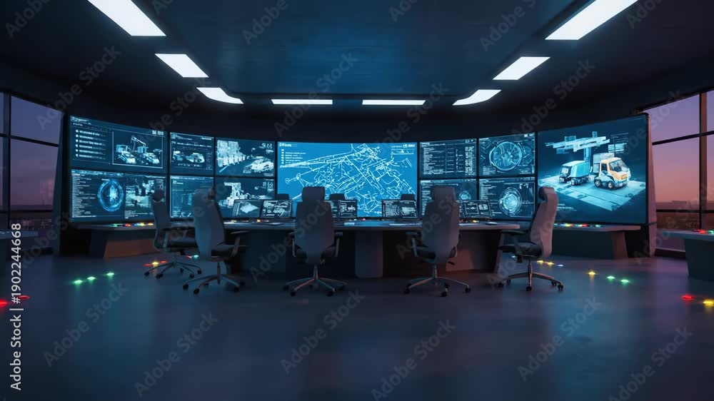 High-tech command center with curved screens showing real-time ...